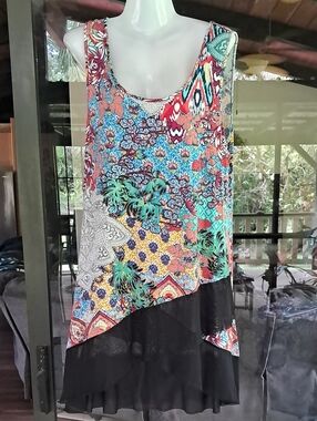 Boho Floral Patchwork Sleeveless Tank Top - Black Trim